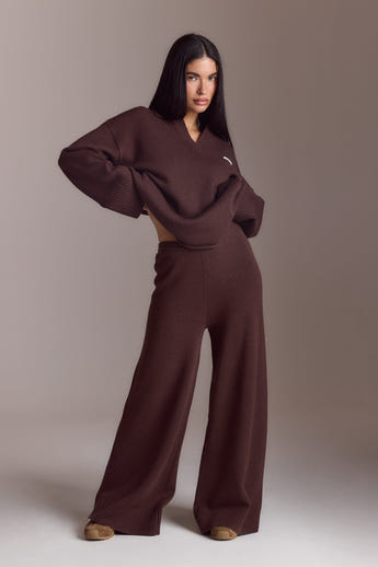 Strikket bukser med ribkant - Chokolade