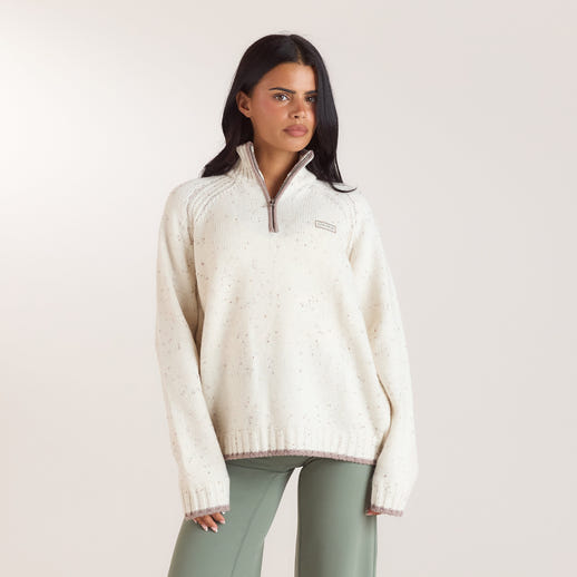 Strikket uldjumper med kort lynlås - Creme alternate