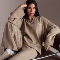 Strikket jumper med halv knapstolpe - Mink