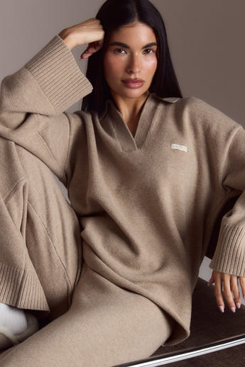 Strikket jumper med halv knapstolpe - Mink