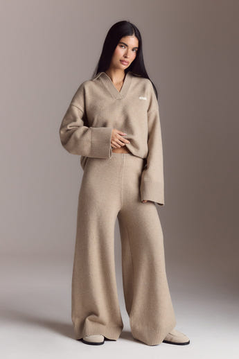 Strikket bukser med ribkant - Mink