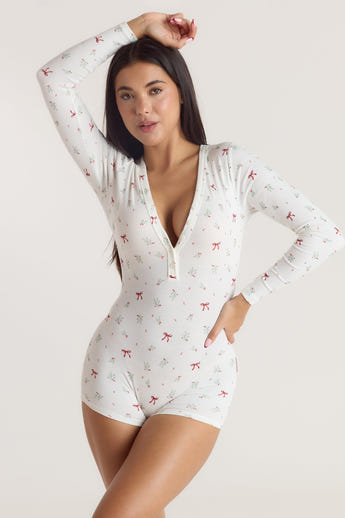 Mistletoe Ribbed Romper - Sløjfetryk