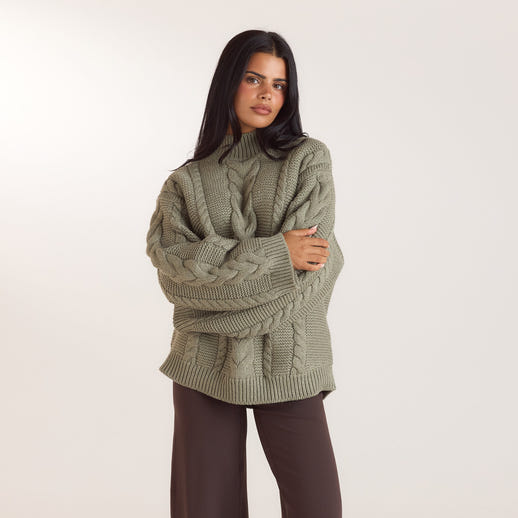 Oversize jumper i kabelstrik - Oliven