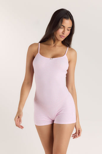Ribbed Strappy Romper - Pink Gingham