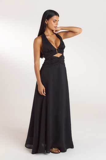 Maxikjole i Tencel med rynk - Sort