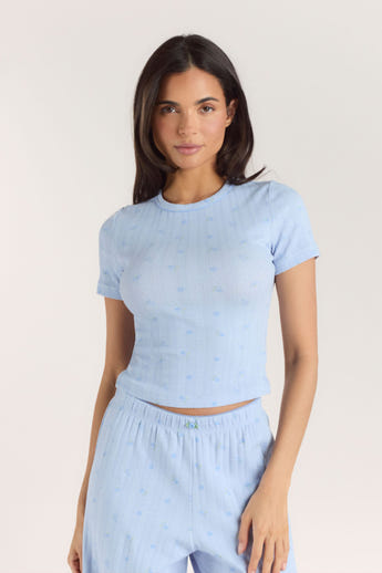 Pointelle Fitted Pyjamatop - Blomstret Blå
