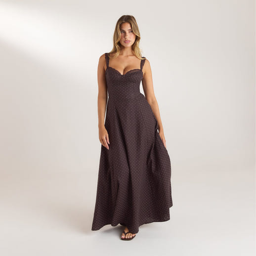 Lace Trim Maxi-kjole - Chokolade Polka Dot