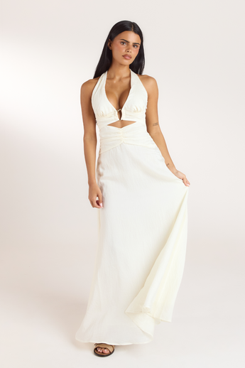 Maxikjole i Tencel med rynk - Creme