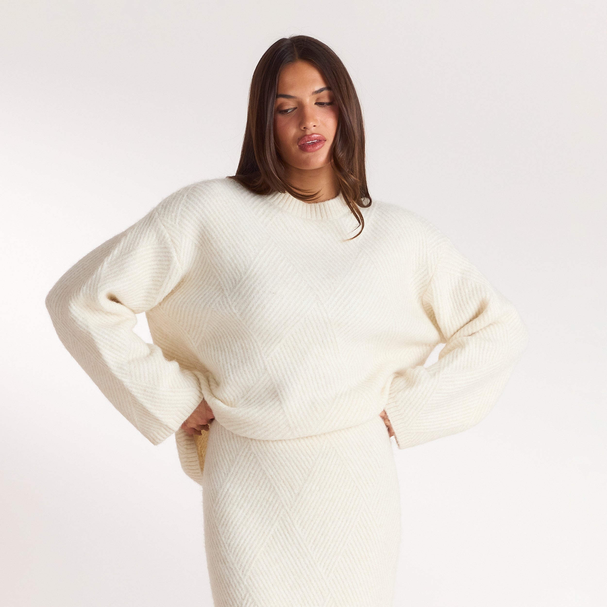 Strikket jumper med rombemønster | Strikket jumper med rombemønster - Creme