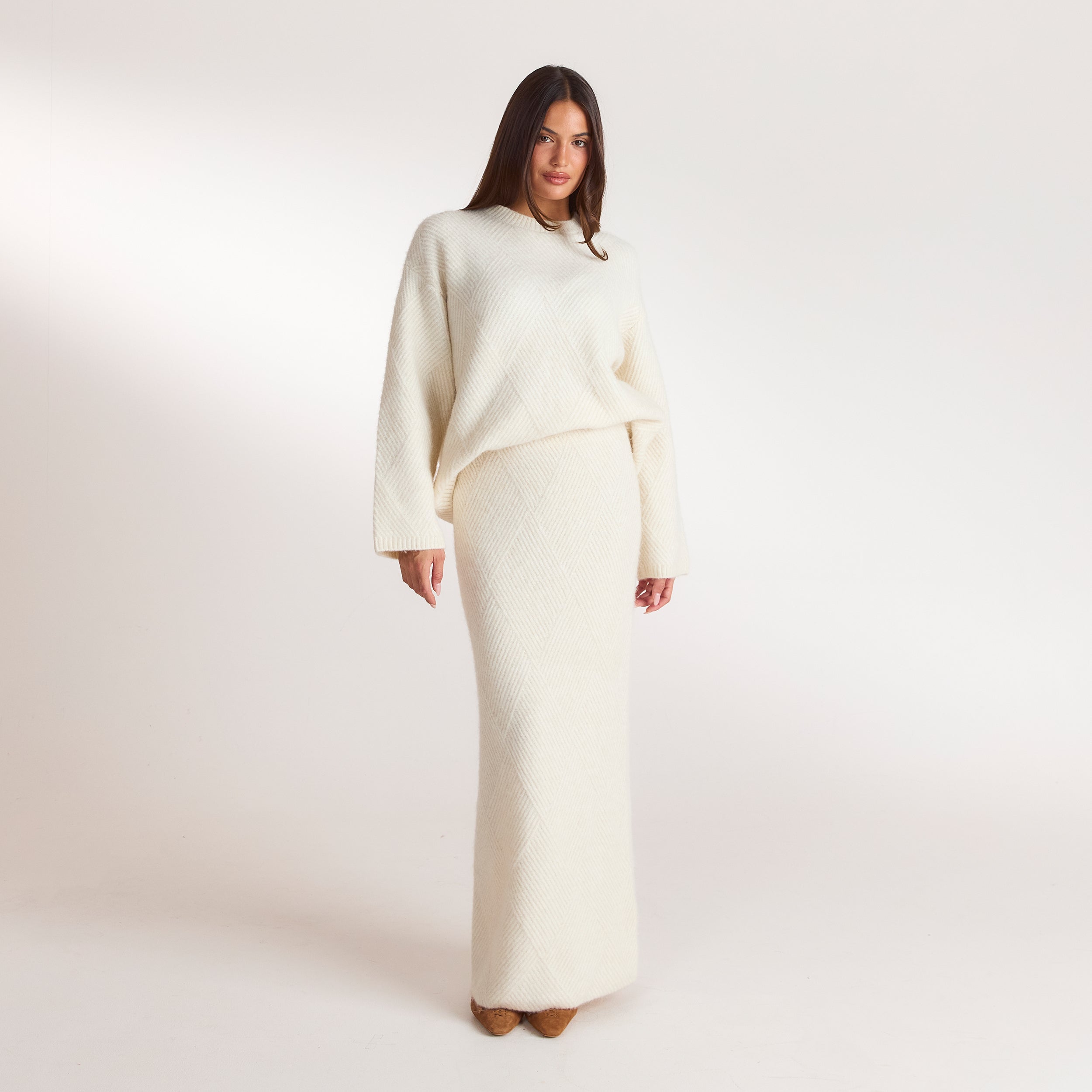 Strikket maxi-skørt med rombemønster | Strikket maxi-skørt med rombemønster - Creme