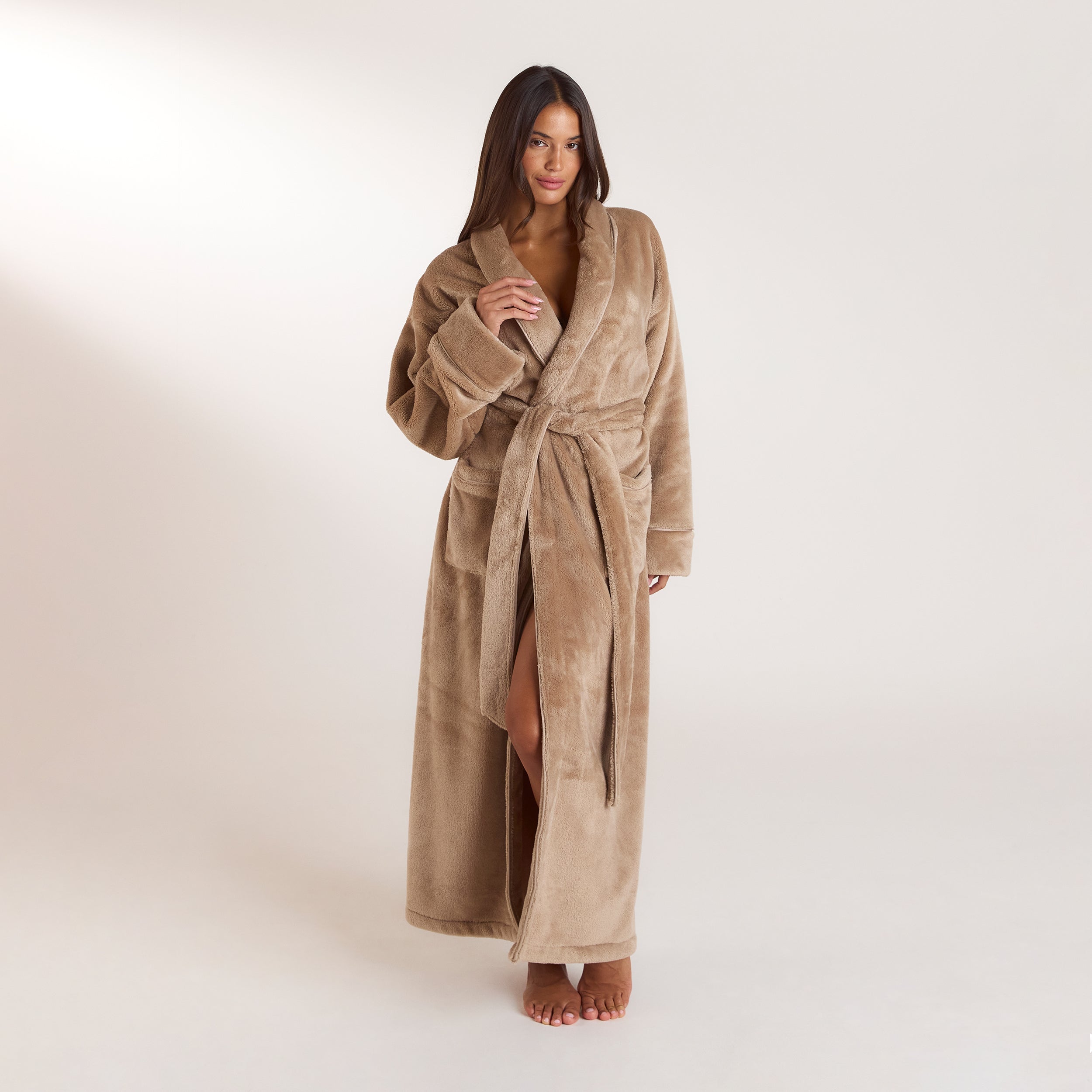 Lang Fluffy Morgenkåbe - Beige