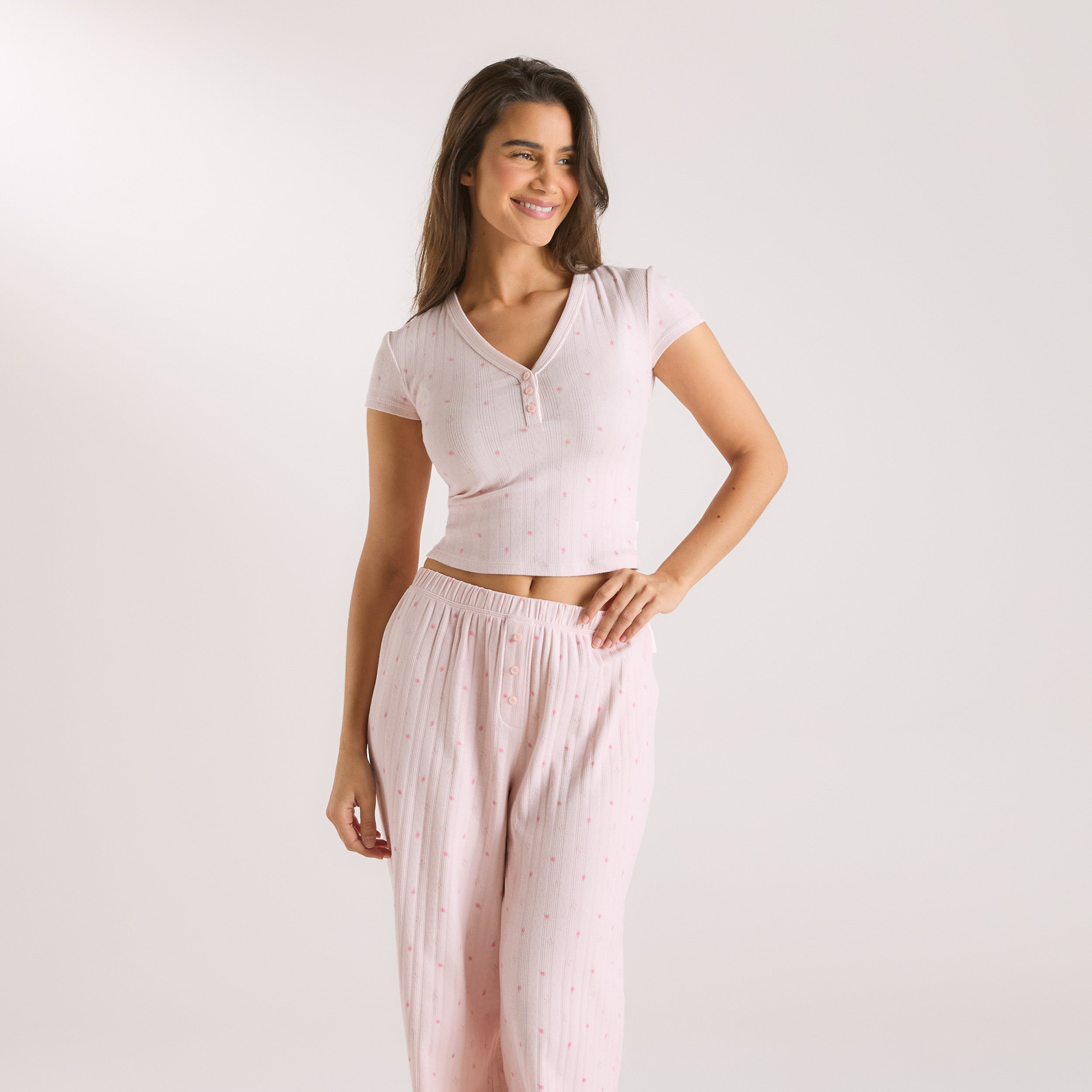 Pointelle Pyjamatop | Pointelle Pyjamatop - Blomstret Pink