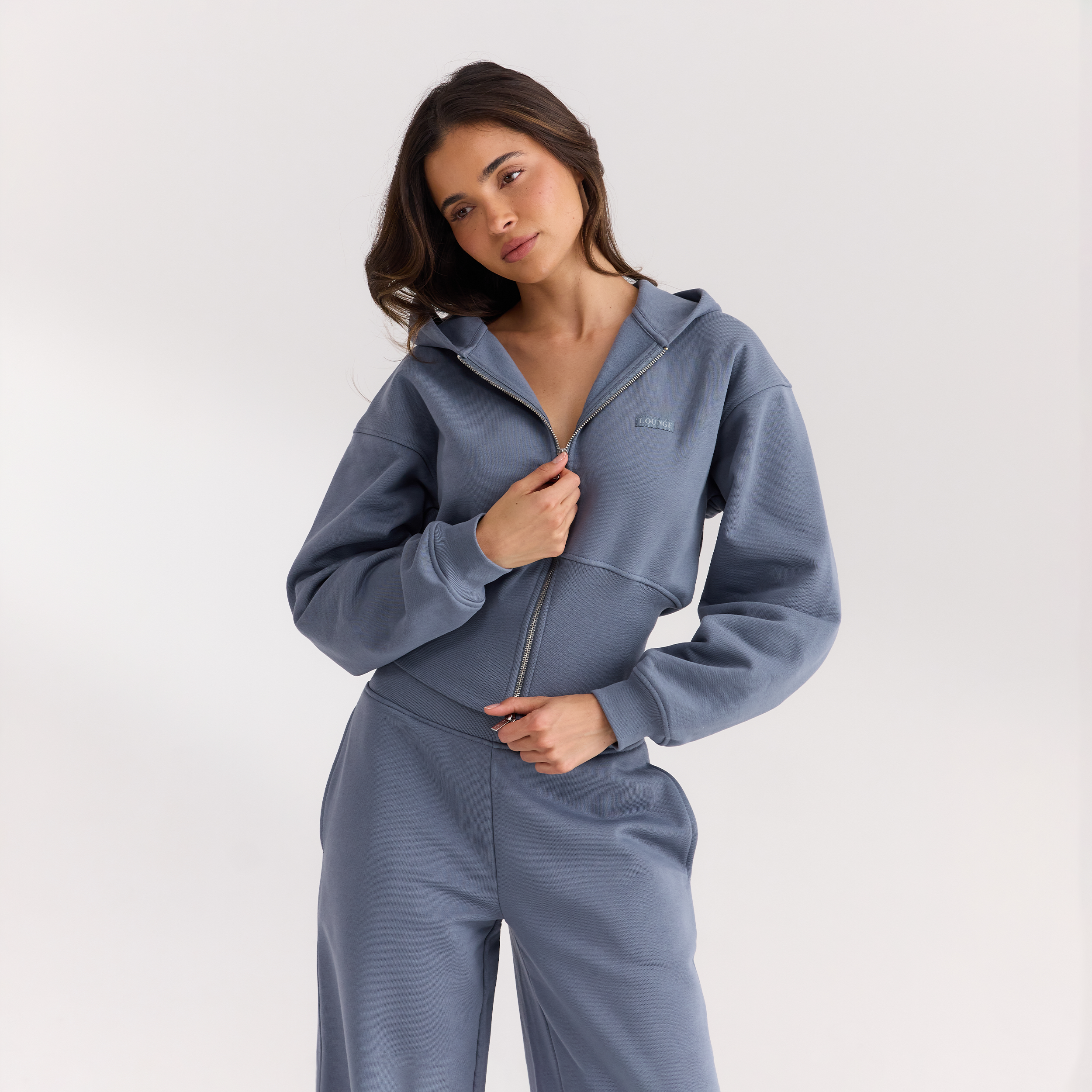 Zip-Up Hoodie med tætsiddende talje - Skiferblå