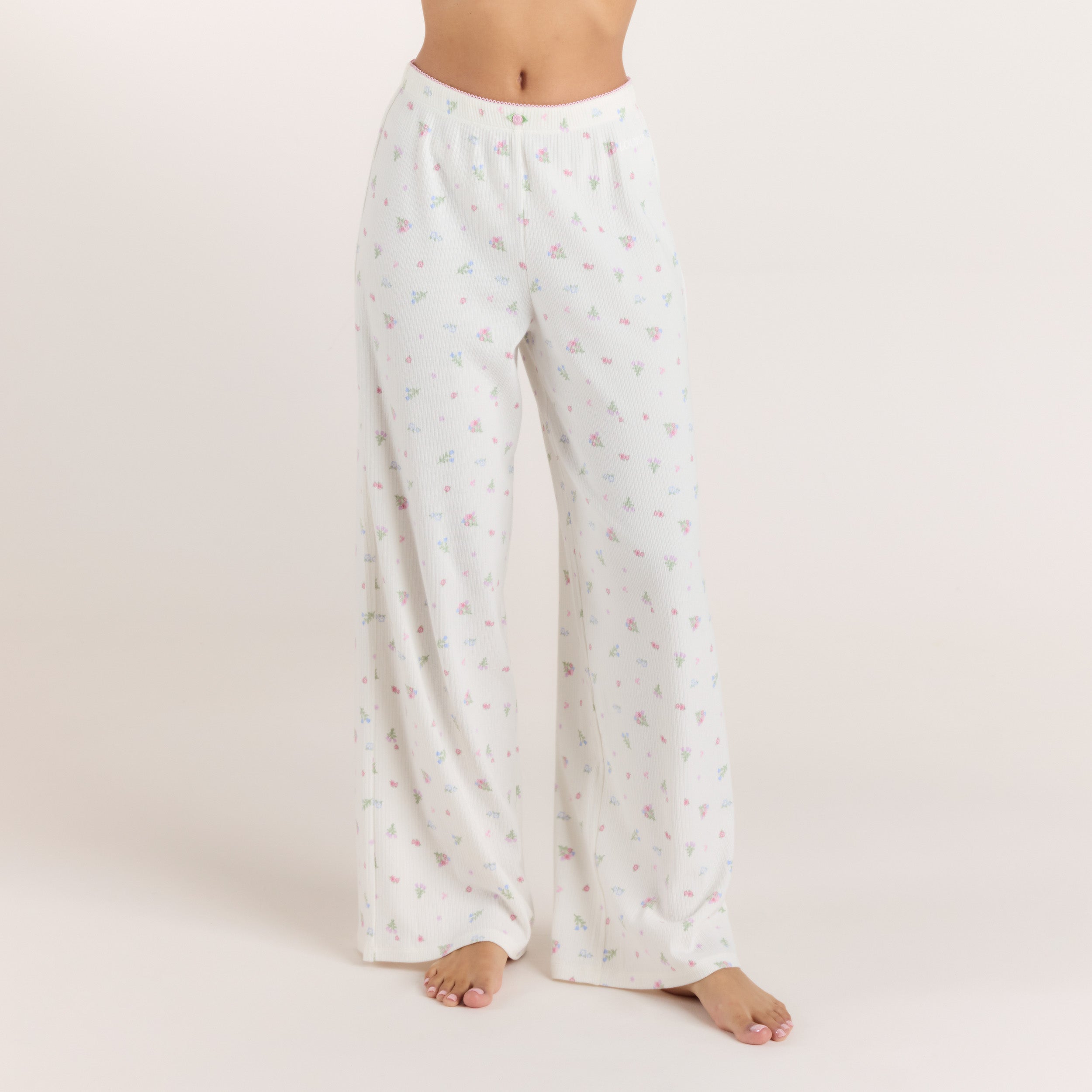 Ribbed Pyjamabukser - Blomstret Hvid