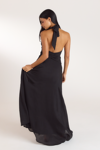 Maxikjole i Tencel med rynk - Sort alternate