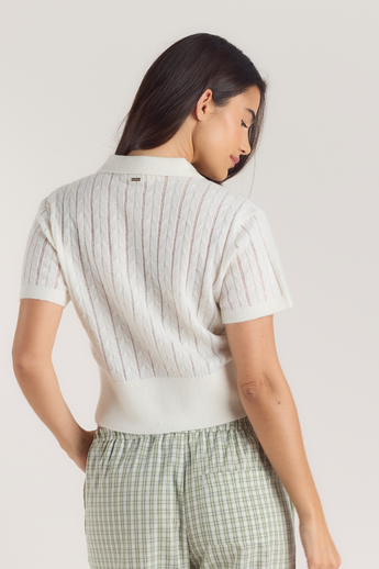 Sheer Strikket Polo-top - Creme alternate