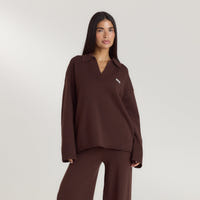 Strikket jumper med halv knapstolpe - Chokolade