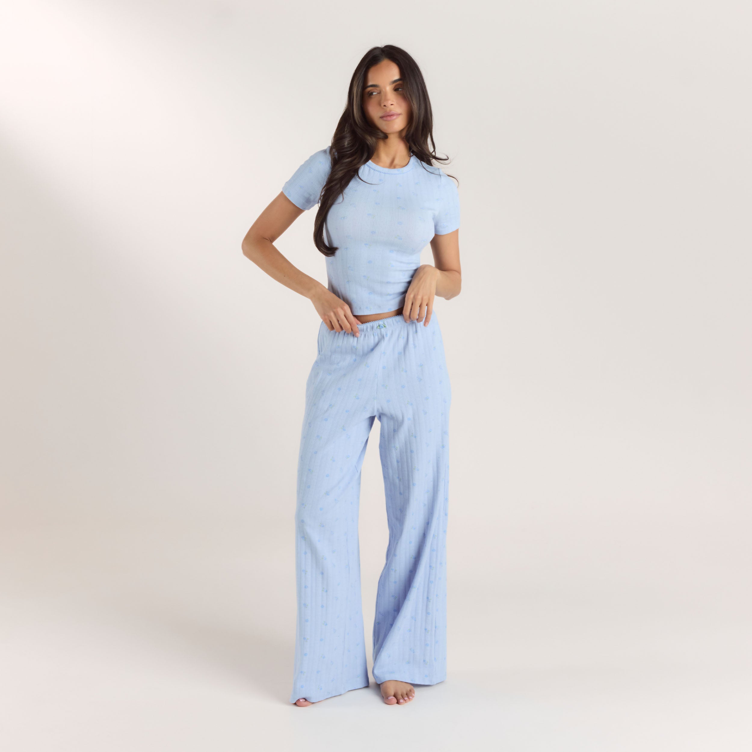Pointelle Pyjamabukser | Pointelle Pyjamabukser - Blomstret Blå