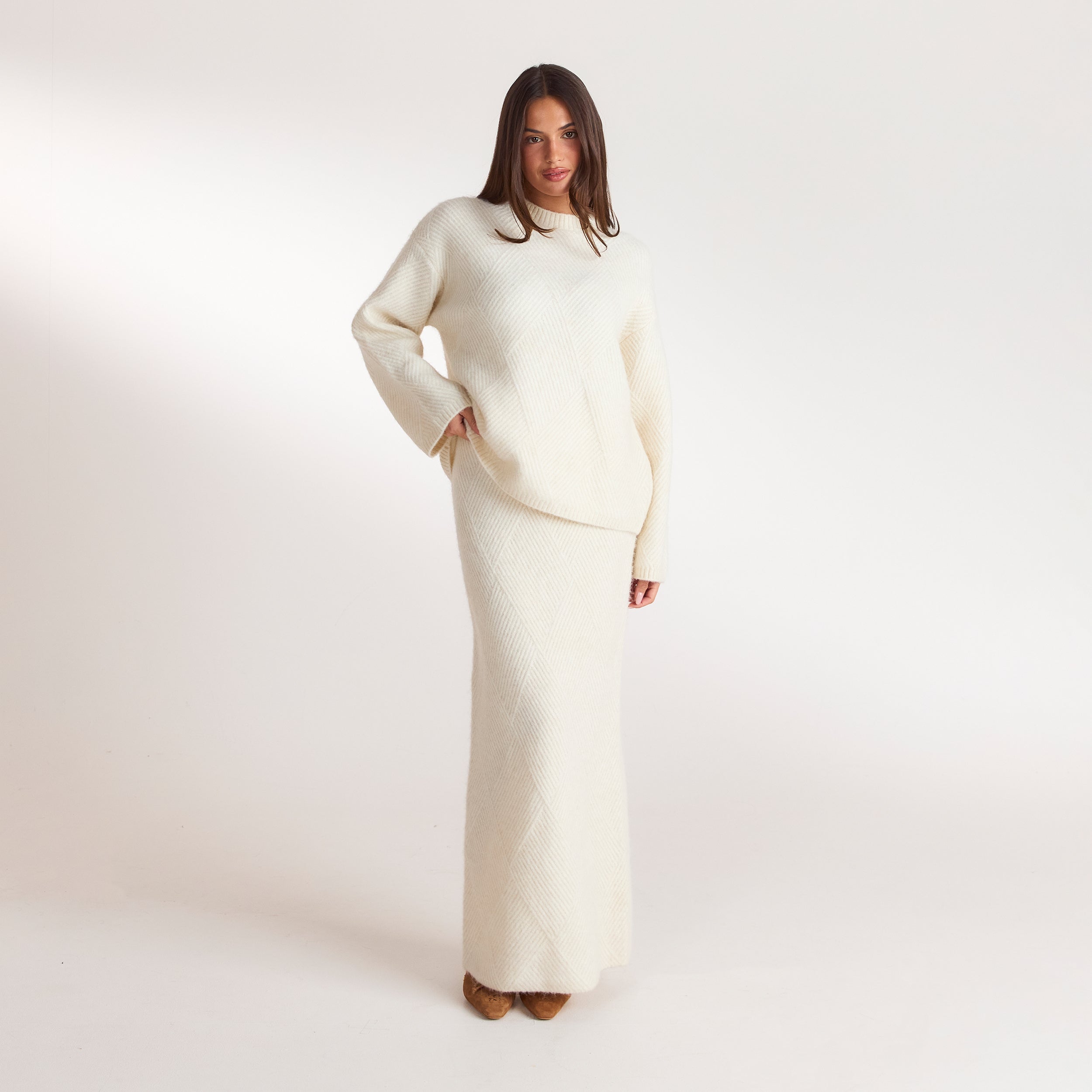 Strikket jumper med rombemønster | Strikket jumper med rombemønster - Creme