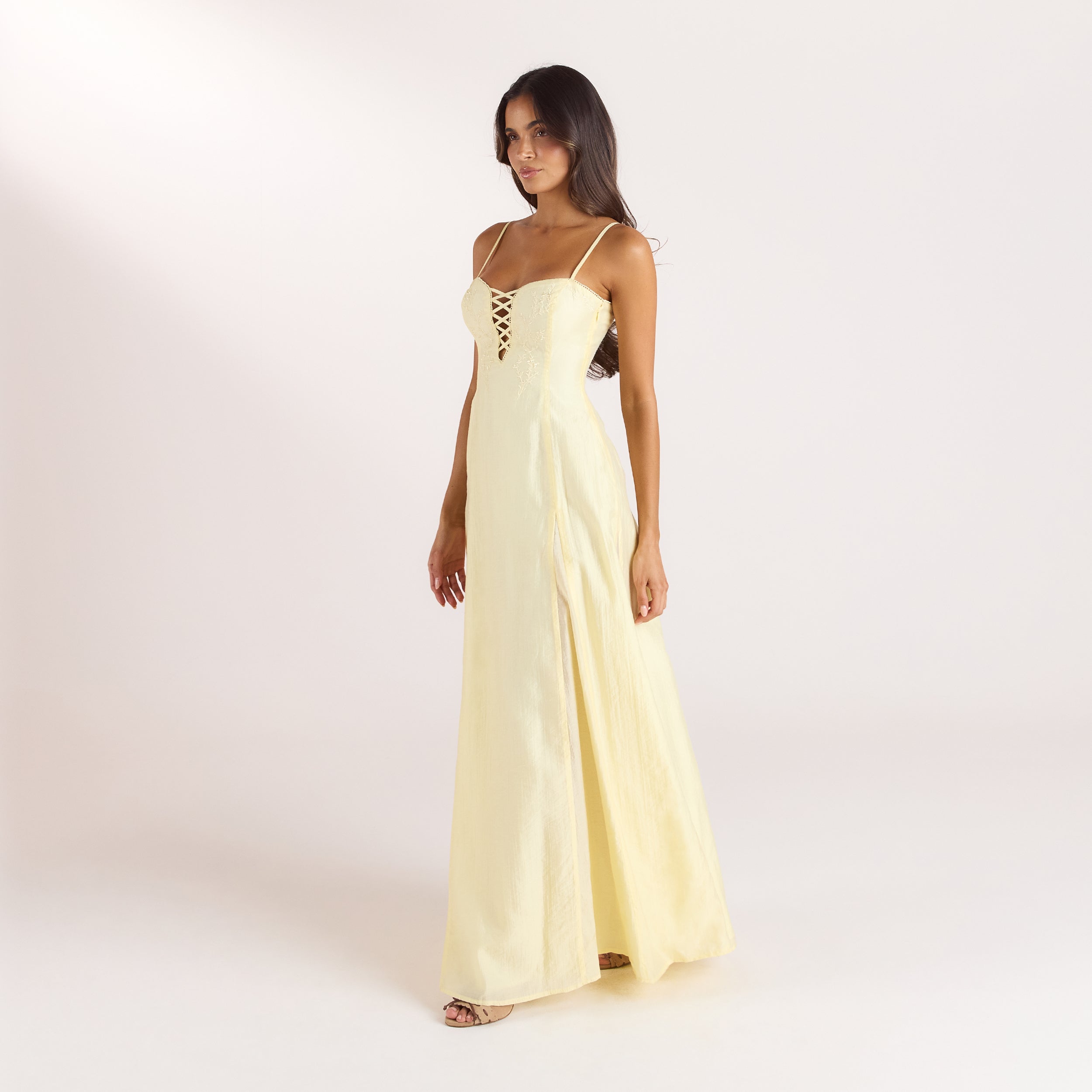 Embroidered Lace-Up Maxi-kjole | Embroidered Lace-Up Maxi-kjole - Citrongul