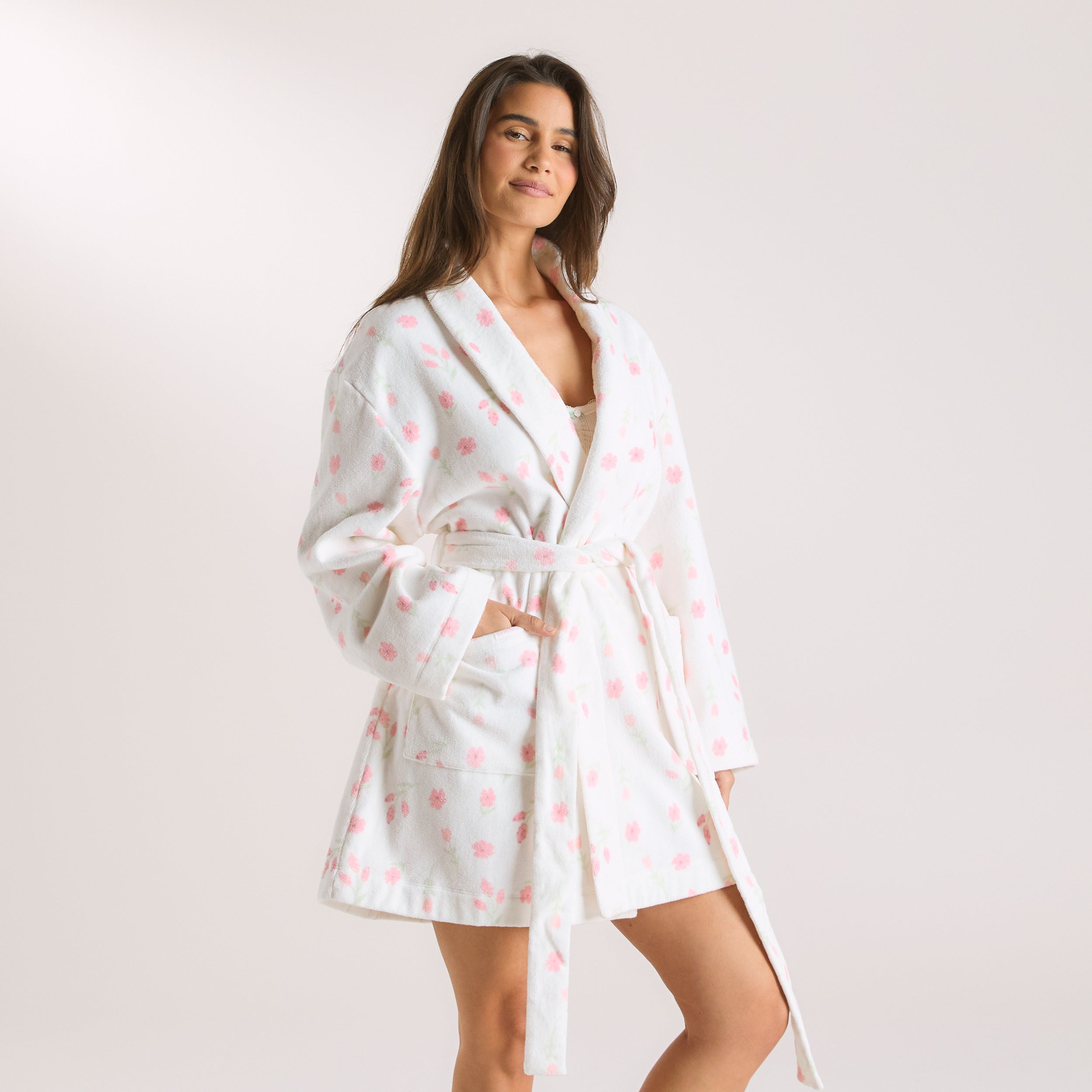 Kort Towelling Morgenkåbe | Kort Towelling Morgenkåbe - Blomsterprint