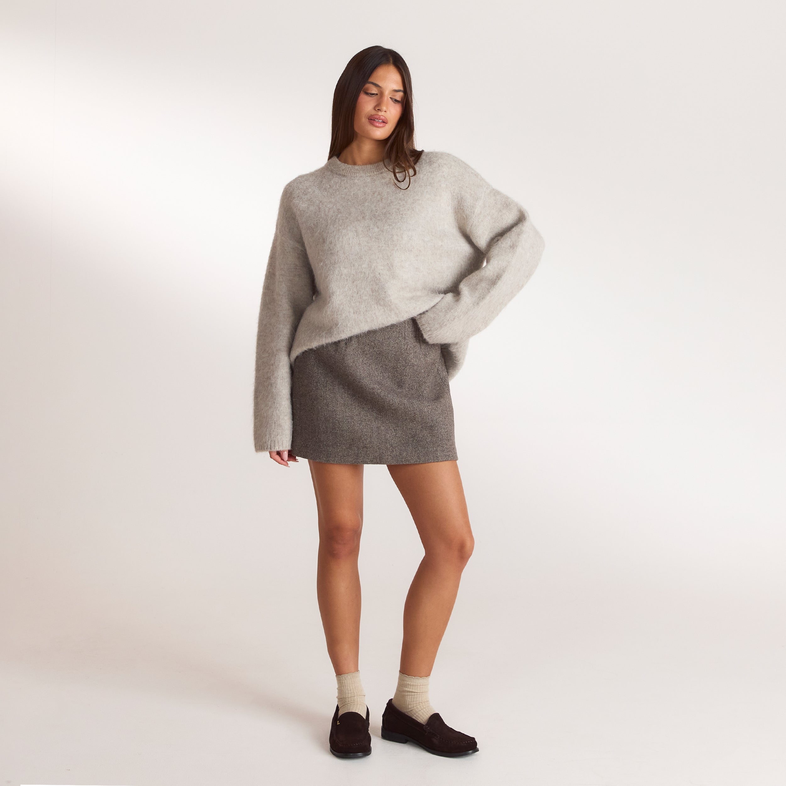 Herringbone A-line mini-skørt | Herringbone A-line mini-skørt - Brun