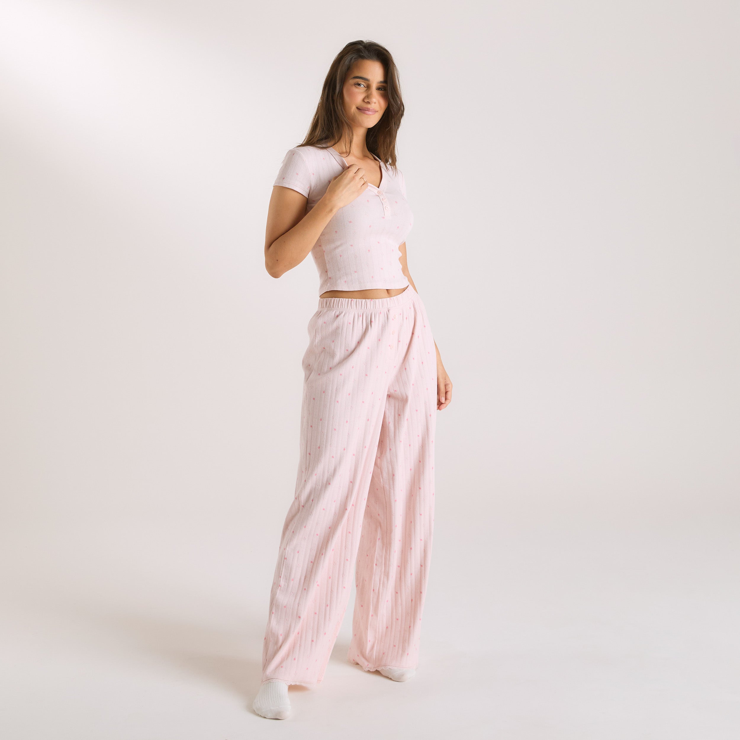 Pointelle Pyjamatop | Pointelle Pyjamatop - Blomstret Pink
