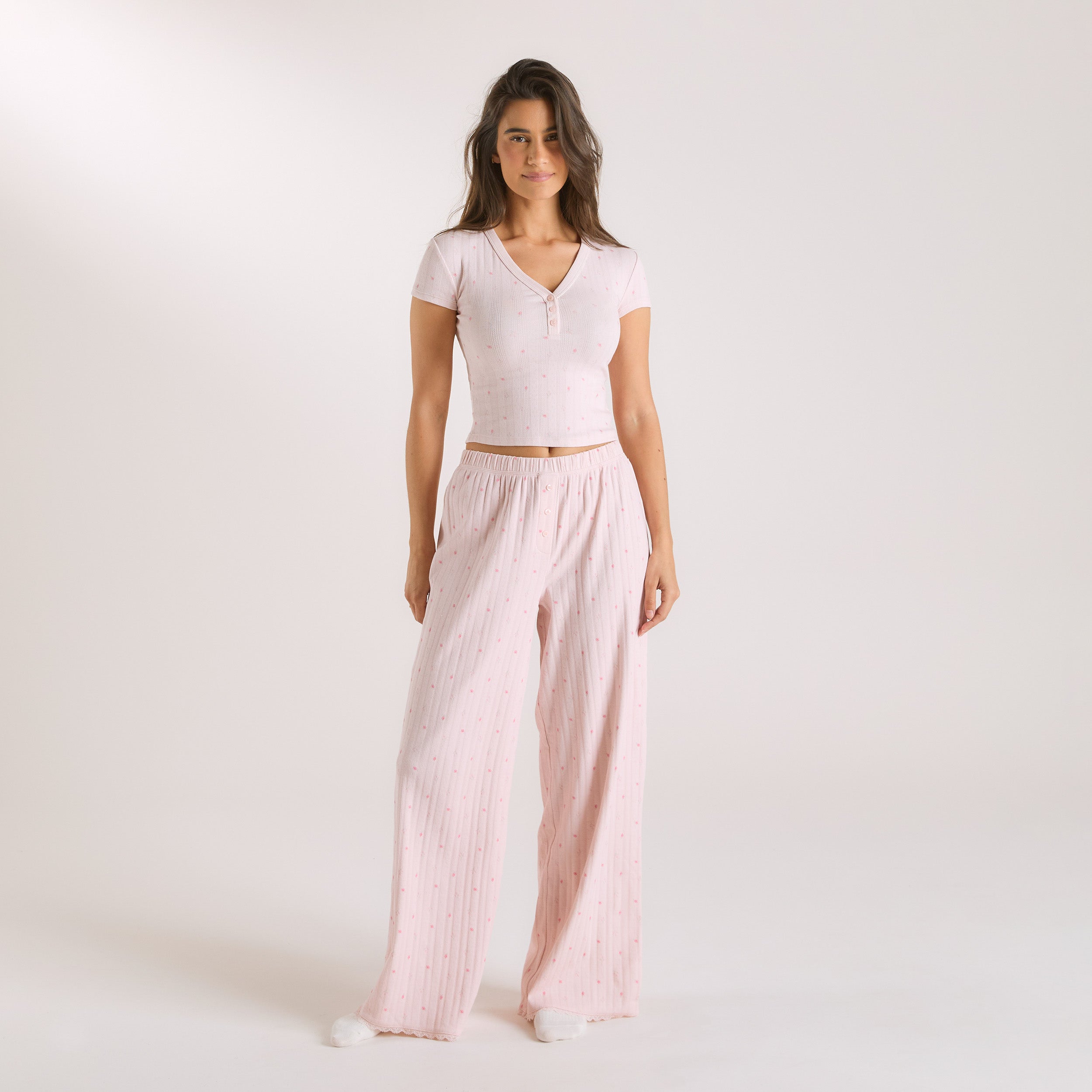 Pointelle Pyjamabukser | Pointelle Pyjamabukser - Blomstret Pink