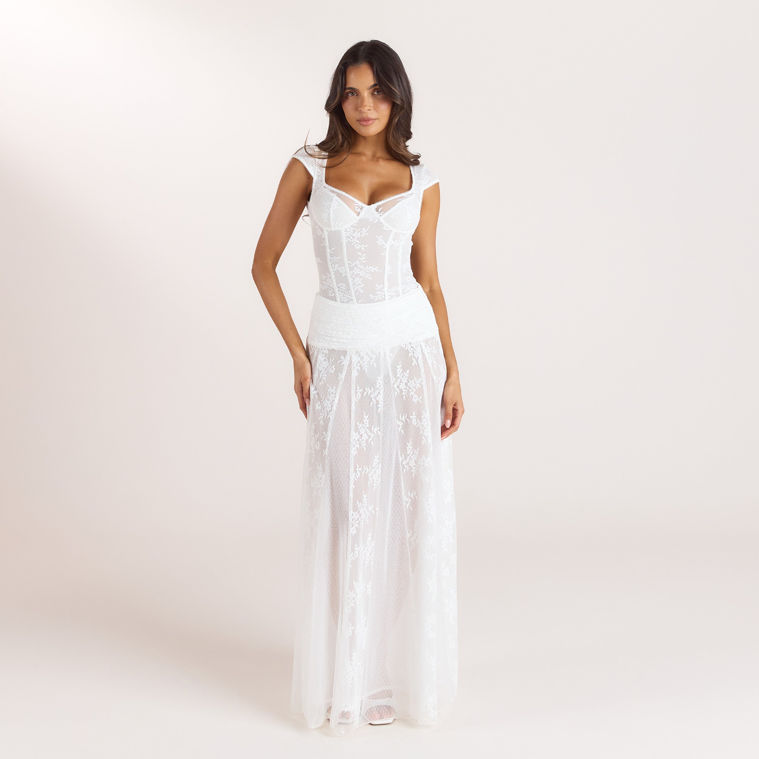 Cap-Sleeve Bodysuit med blonde | Cap-Sleeve Bodysuit med blonde - Hvid