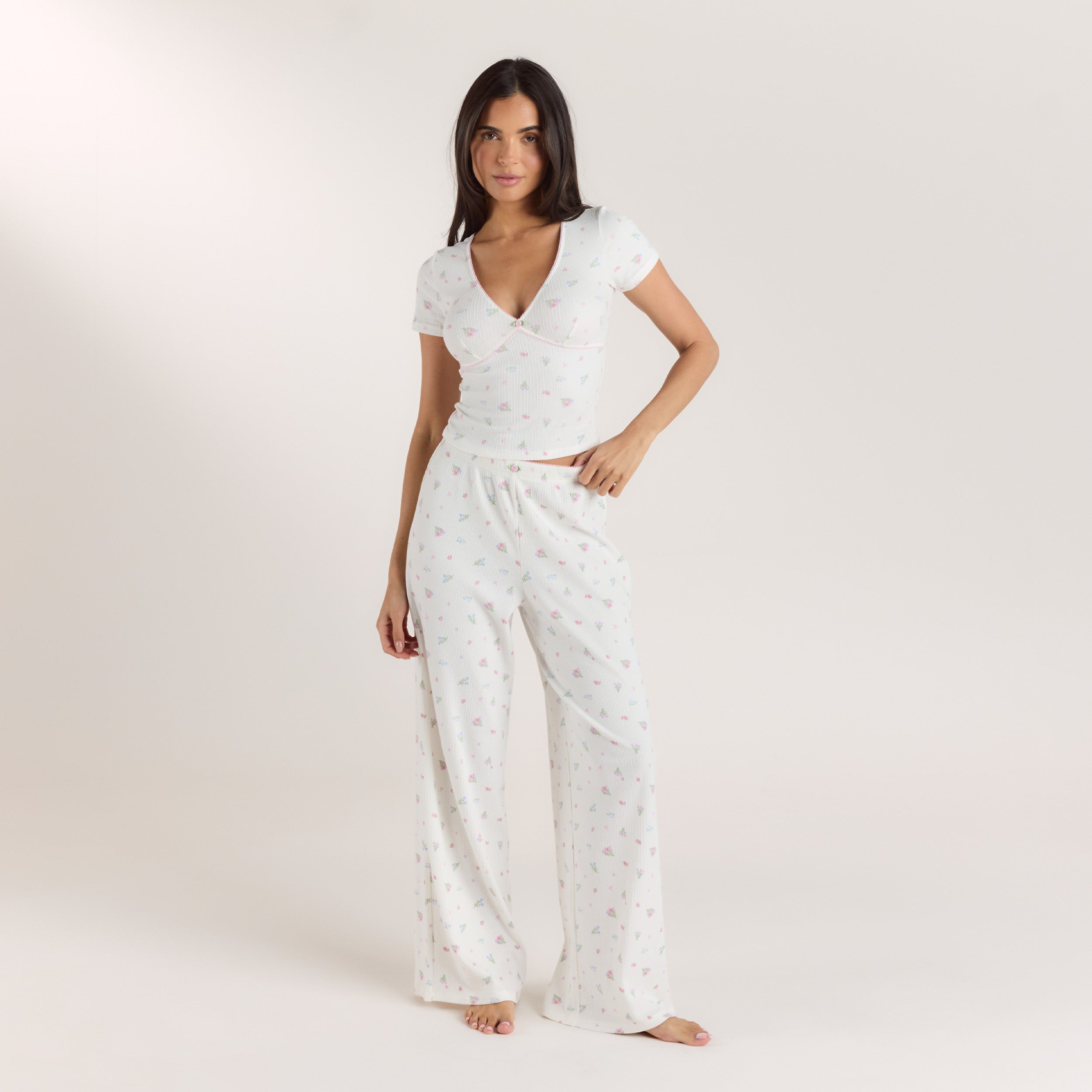 Ribbed Pyjamabukser | Ribbed Pyjamabukser - Blomstret Hvid