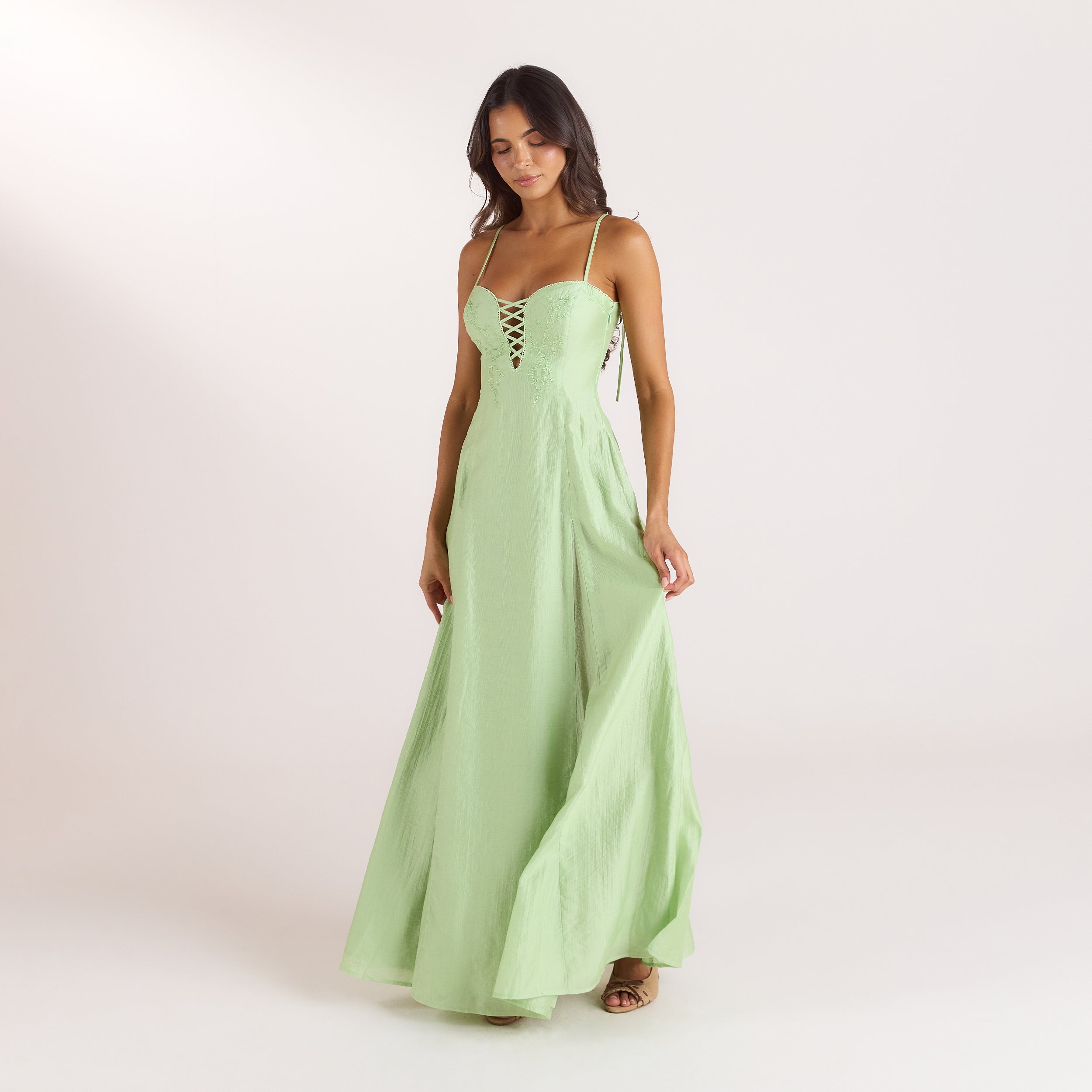 Embroidered Lace-Up Maxi-kjole | Embroidered Lace-Up Maxi-kjole - Grøn