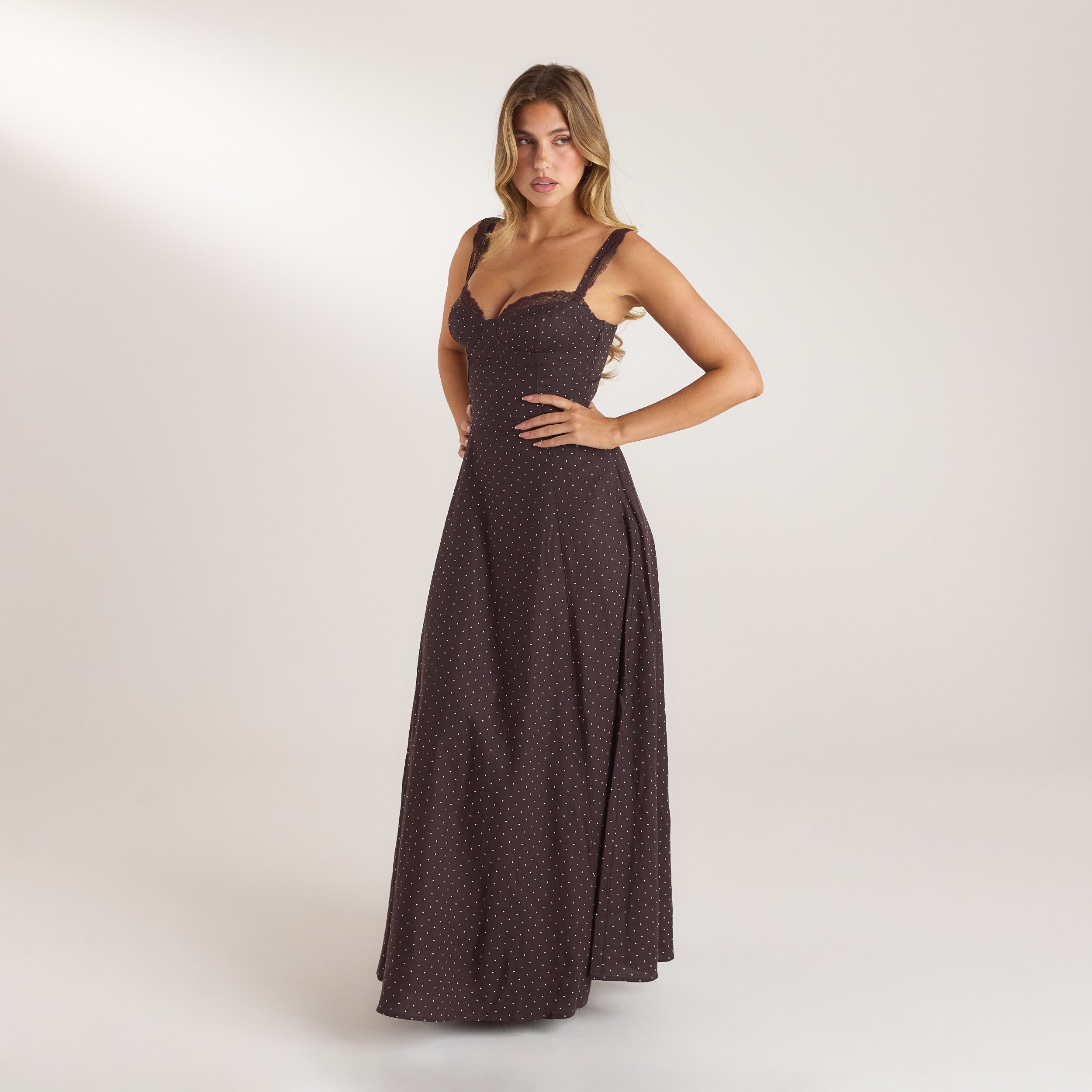 Lace Trim Maxi-kjole | Lace Trim Maxi-kjole - Chokolade Polka Dot