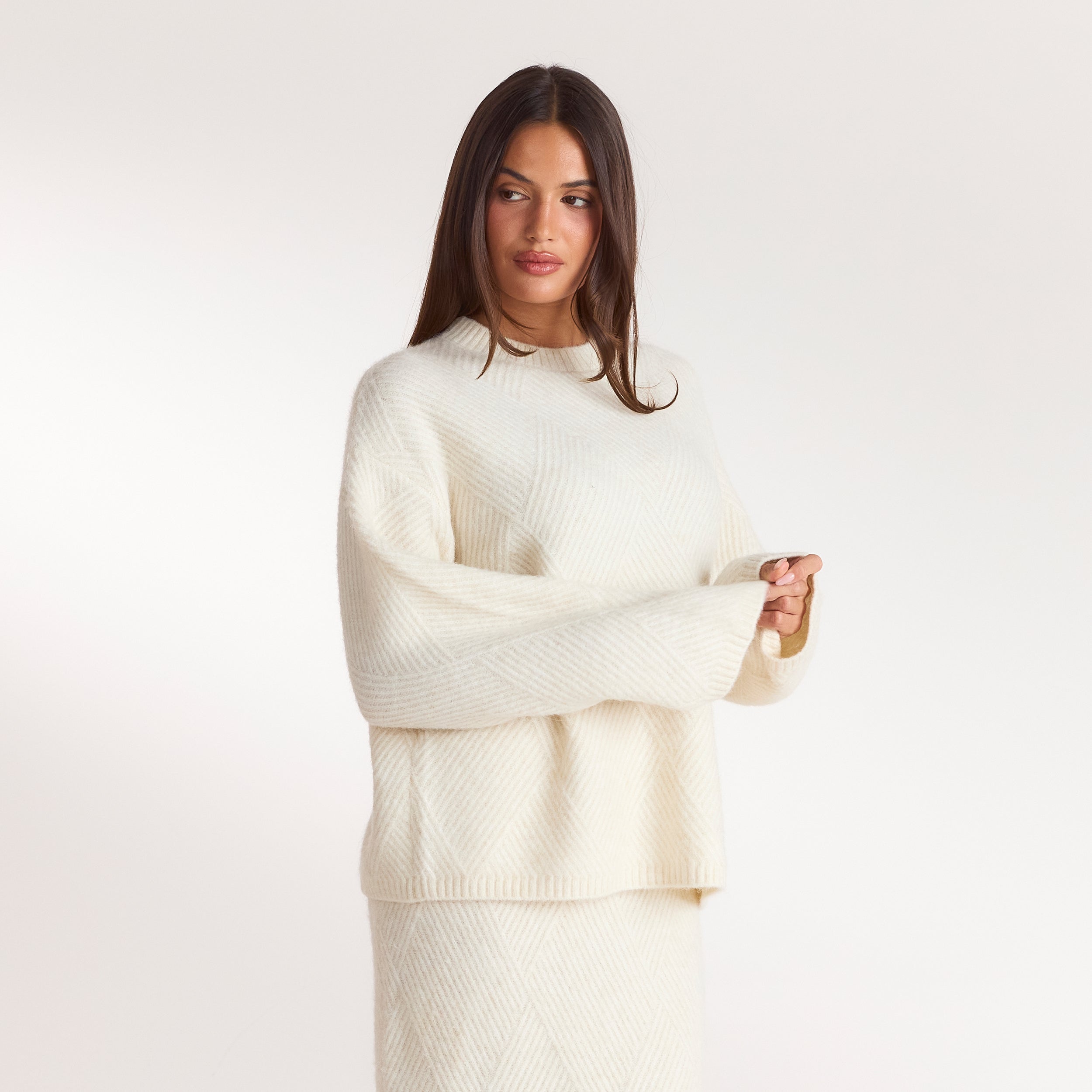 Strikket jumper med rombemønster | Strikket jumper med rombemønster - Creme