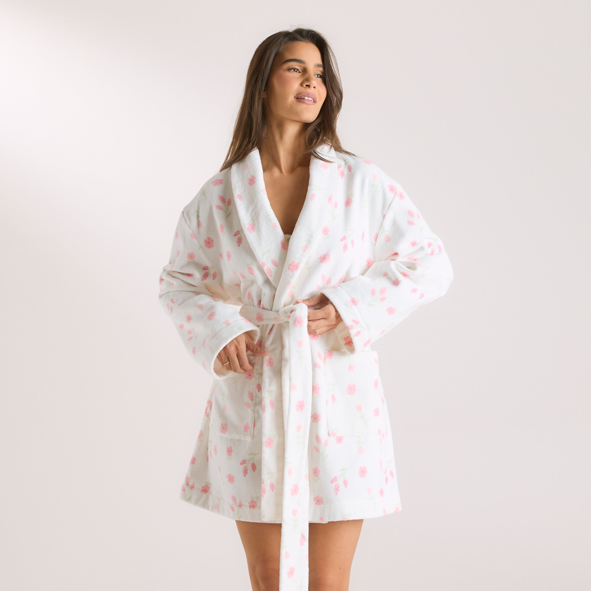 Kort Towelling Morgenkåbe | Kort Towelling Morgenkåbe - Blomsterprint