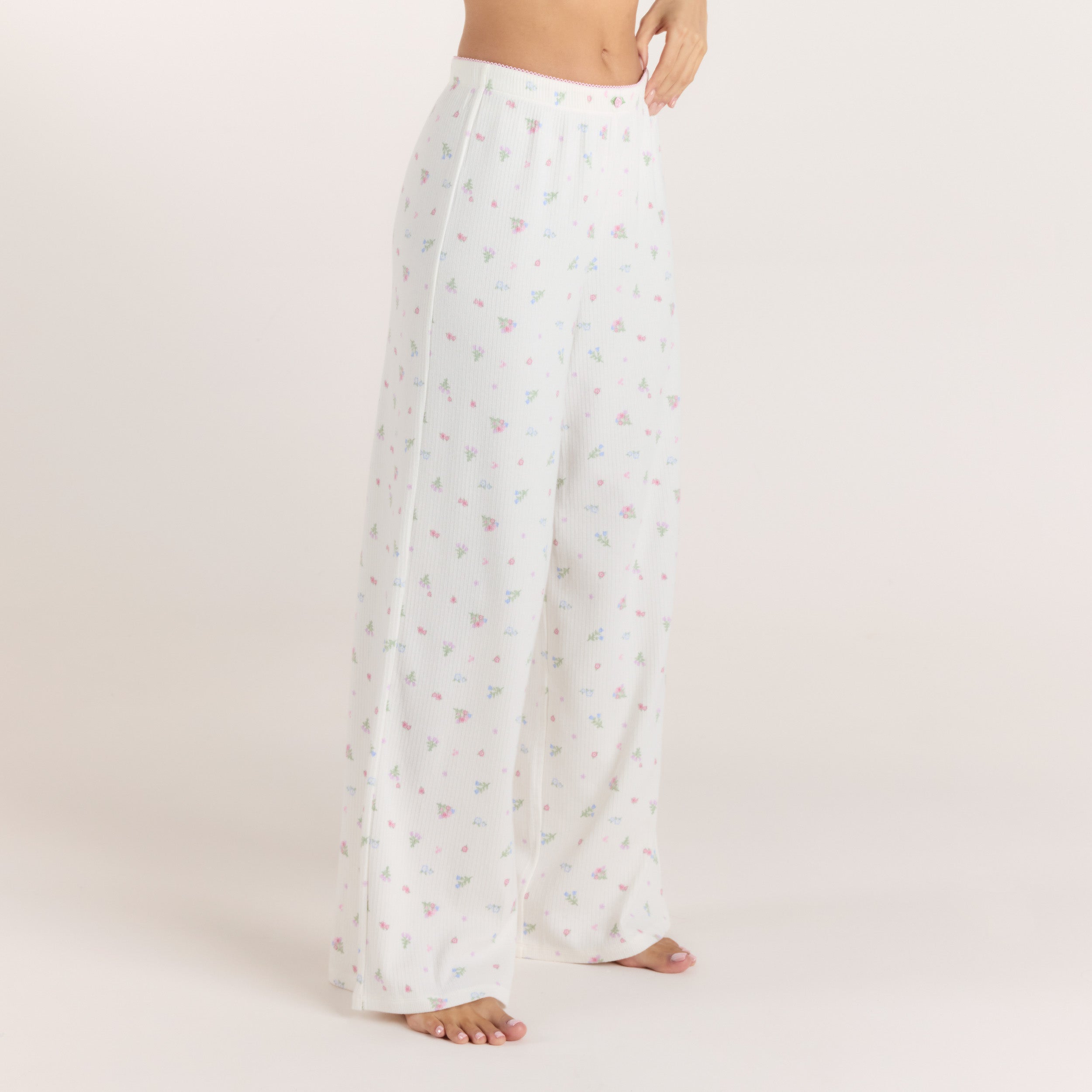 Ribbed Pyjamabukser | Ribbed Pyjamabukser - Blomstret Hvid