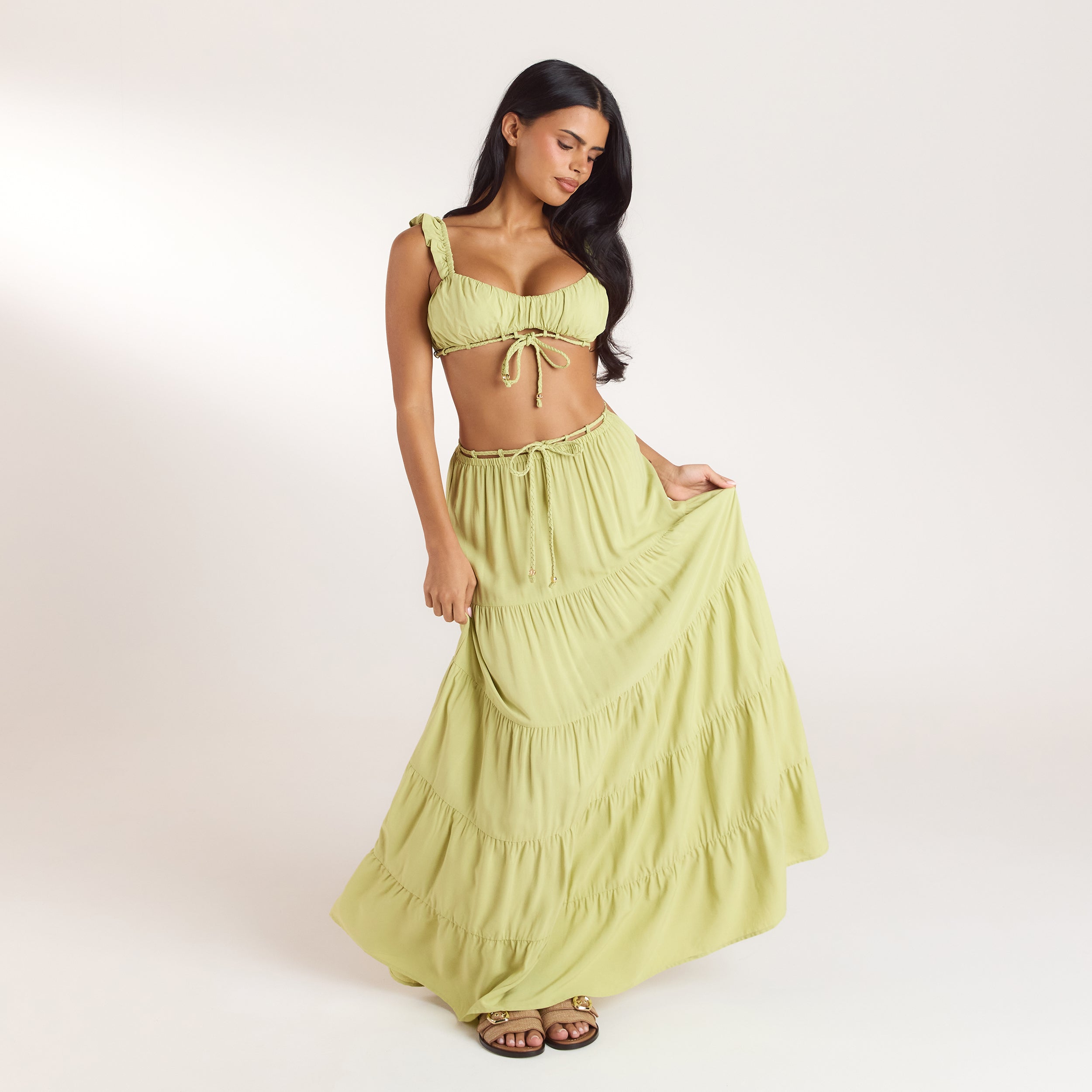 Bralette og Maxinederdel | Bralette (sæt) - Vasket Limegrøn