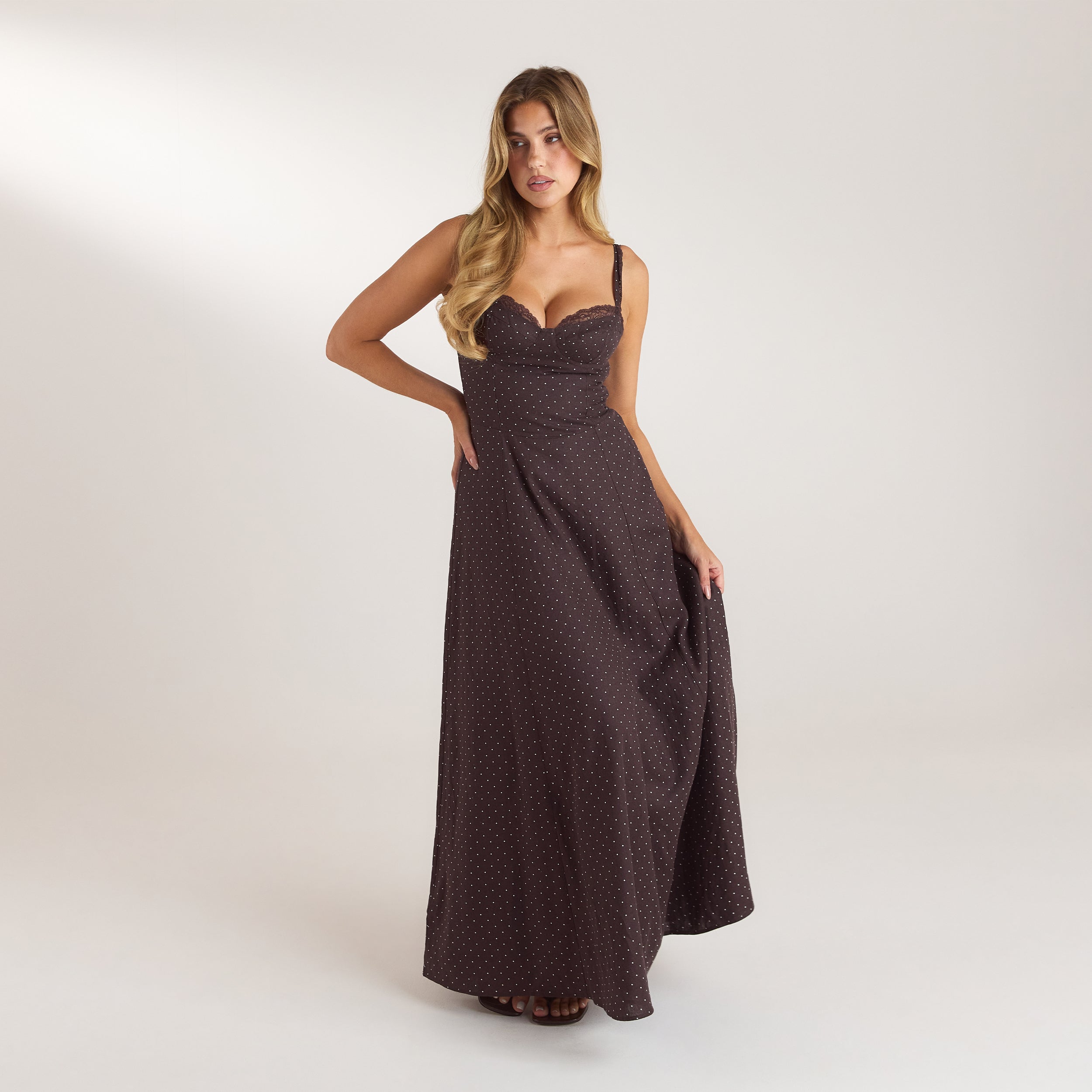 Lace Trim Maxi-kjole | Lace Trim Maxi-kjole - Chokolade Polka Dot